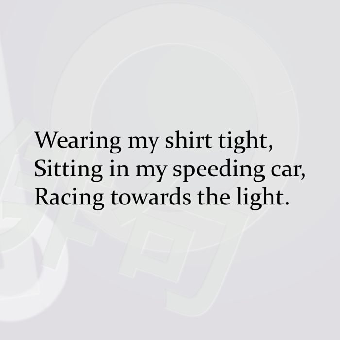 Wearing my shirt tight, Sitting in my speeding car, Racing towards the light.