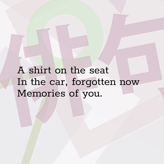 A shirt on the seat In the car, forgotten now Memories of you.