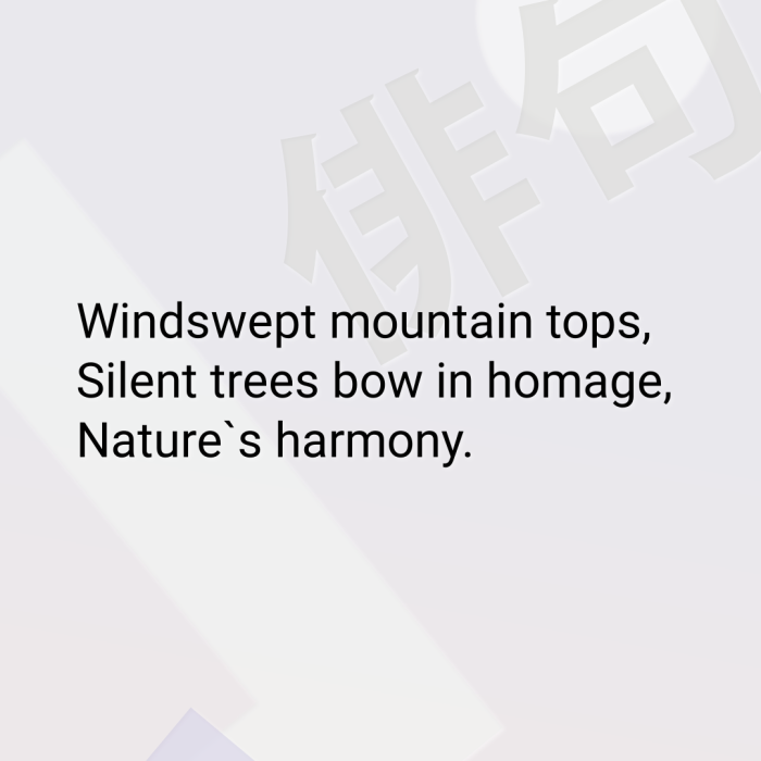 Windswept mountain tops, Silent trees bow in homage, Nature`s harmony.