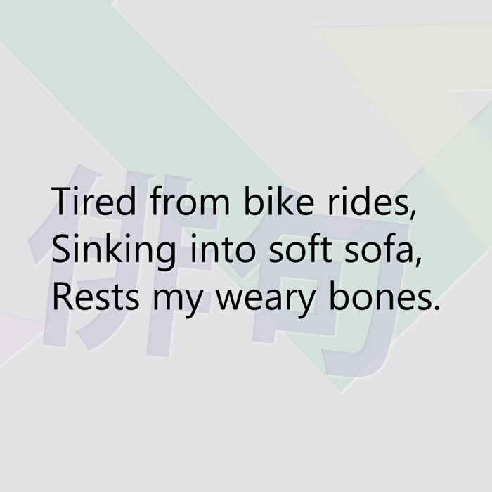 Tired from bike rides, Sinking into soft sofa, Rests my weary bones.