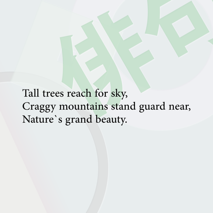 Tall trees reach for sky, Craggy mountains stand guard near, Nature`s grand beauty.