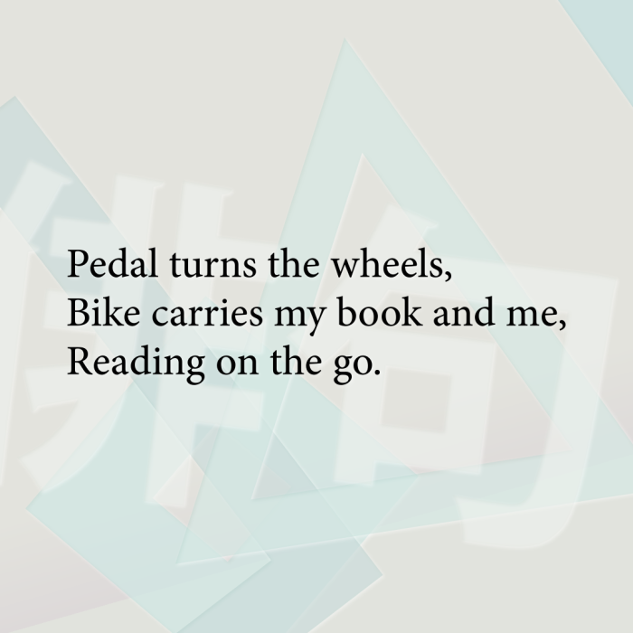 Pedal turns the wheels, Bike carries my book and me, Reading on the go.