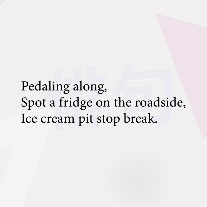 Pedaling along, Spot a fridge on the roadside, Ice cream pit stop break.