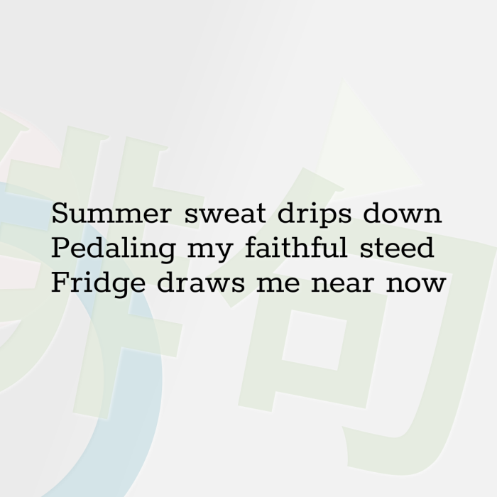 Summer sweat drips down Pedaling my faithful steed Fridge draws me near now