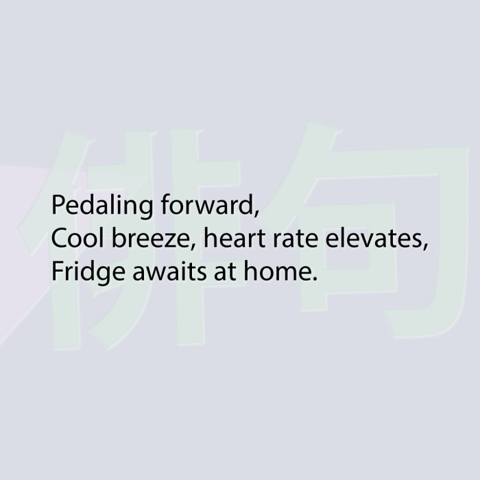 Pedaling forward, Cool breeze, heart rate elevates, Fridge awaits at home.