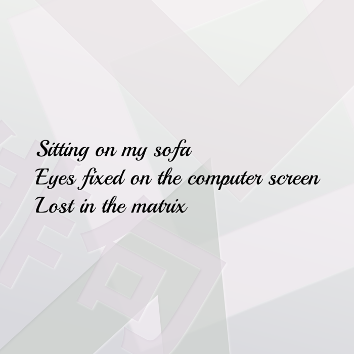 Sitting on my sofa Eyes fixed on the computer screen Lost in the matrix