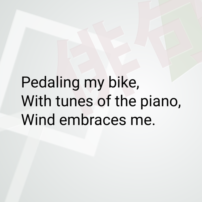 Pedaling my bike, With tunes of the piano, Wind embraces me.