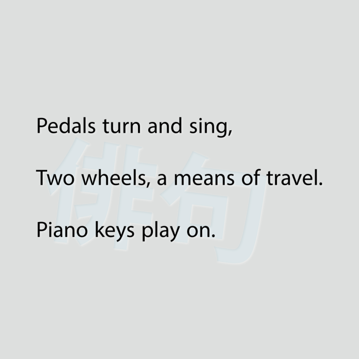 Pedals turn and sing, Two wheels, a means of travel. Piano keys play on.