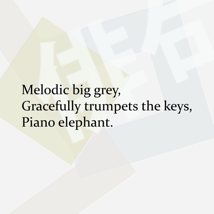 Melodic big grey, Gracefully trumpets the keys, Piano elephant.