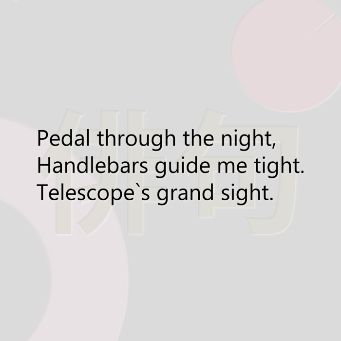 Pedal through the night, Handlebars guide me tight. Telescope`s grand sight.