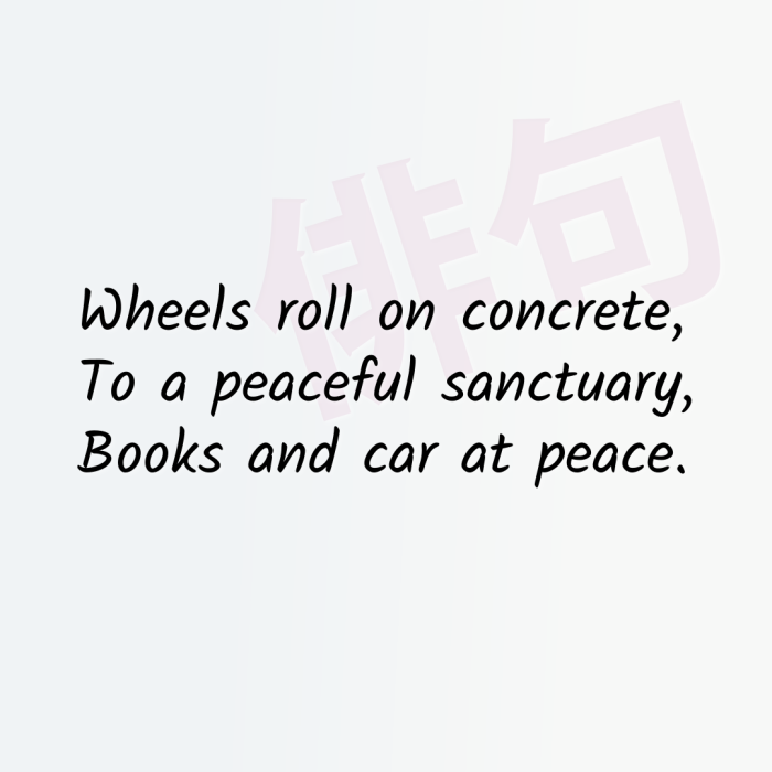 Wheels roll on concrete, To a peaceful sanctuary, Books and car at peace.