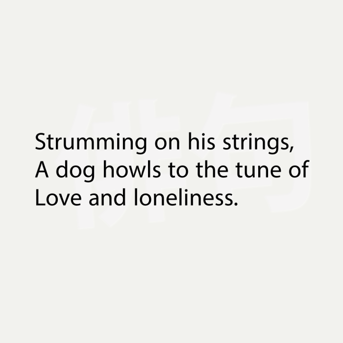 Strumming on his strings, A dog howls to the tune of Love and loneliness.