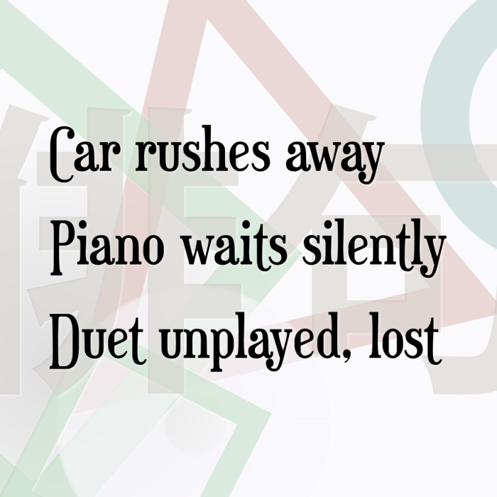 Car rushes away Piano waits silently Duet unplayed, lost