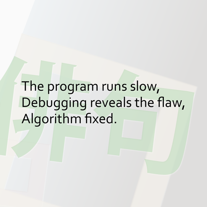 The program runs slow, Debugging reveals the flaw, Algorithm fixed.