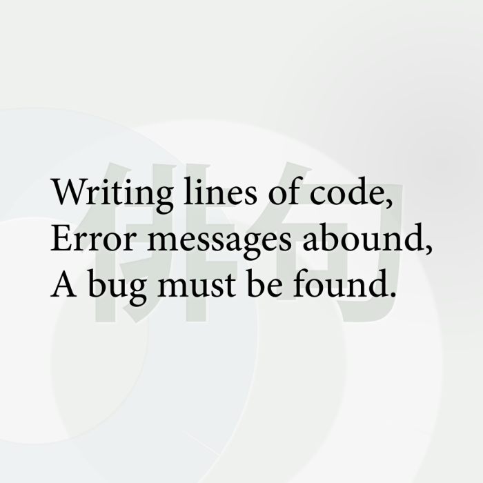Writing lines of code, Error messages abound, A bug must be found.