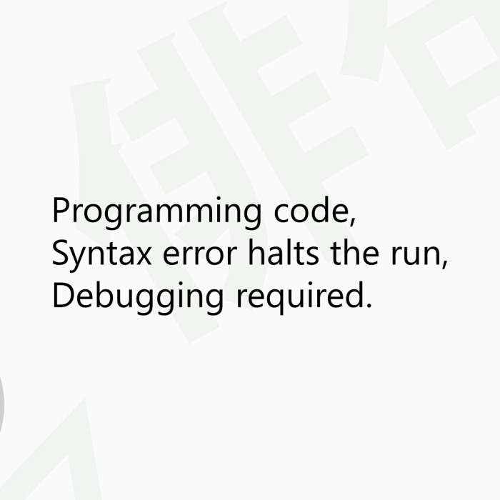 Programming code, Syntax error halts the run, Debugging required.