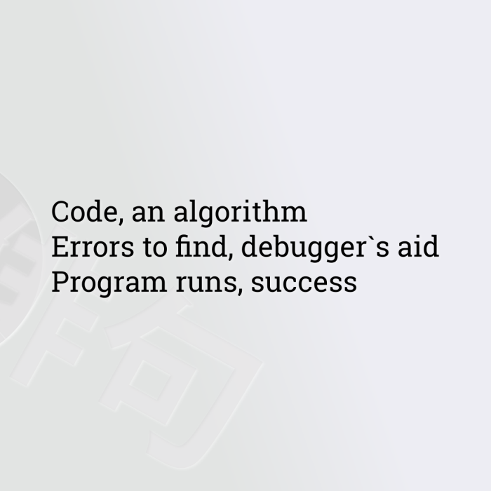 Code, an algorithm Errors to find, debugger`s aid Program runs, success