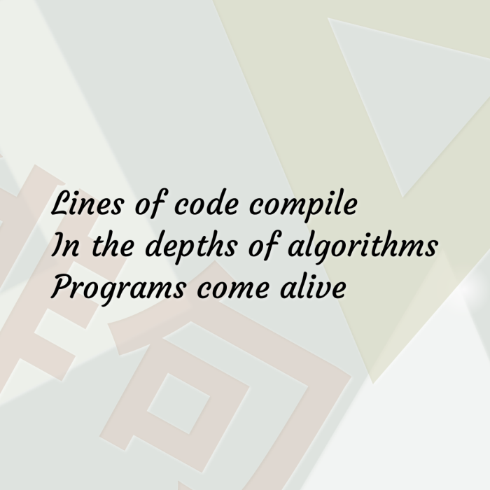 Lines of code compile In the depths of algorithms Programs come alive