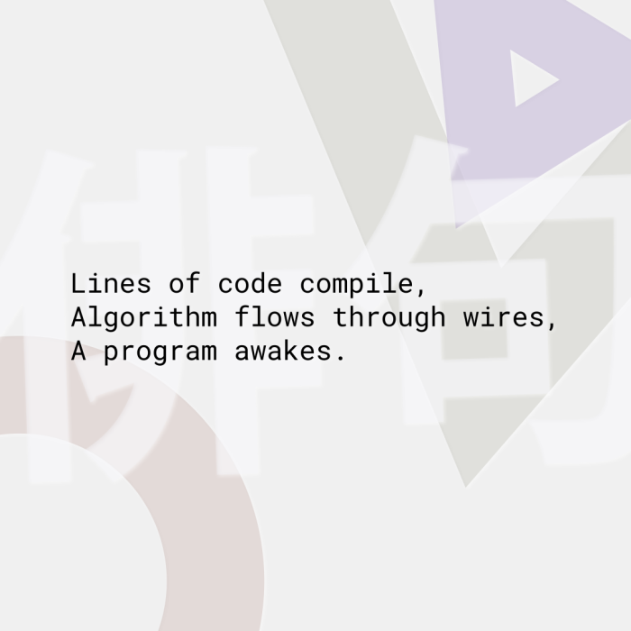 Lines of code compile, Algorithm flows through wires, A program awakes.