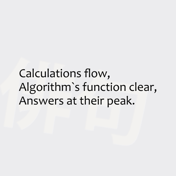 Calculations flow, Algorithm`s function clear, Answers at their peak.