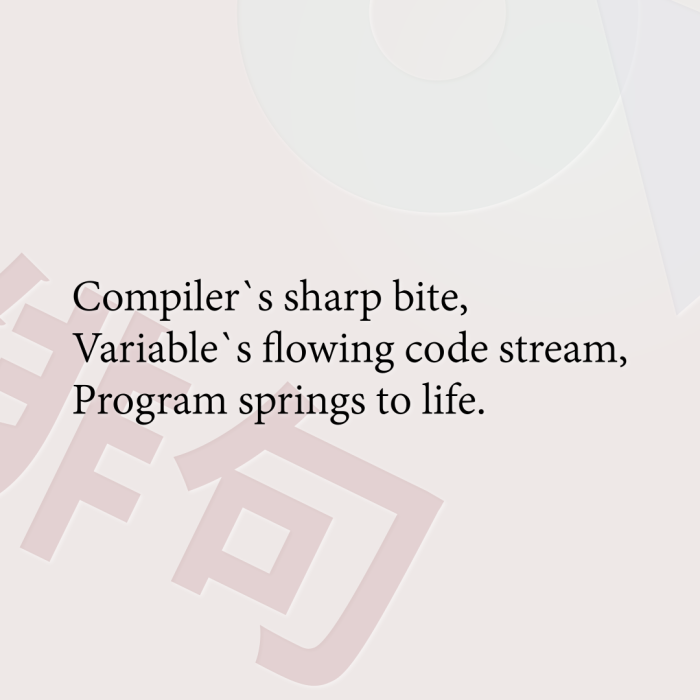 Compiler`s sharp bite, Variable`s flowing code stream, Program springs to life.