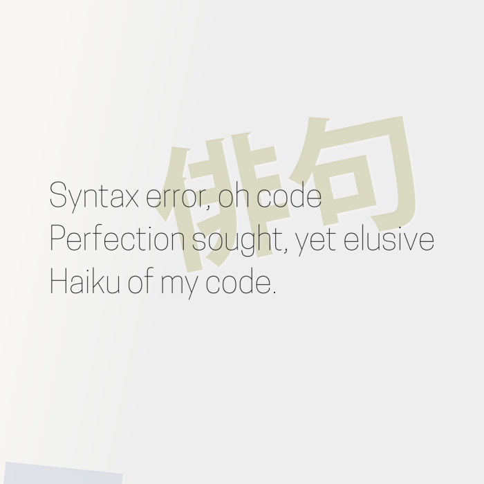 Syntax error, oh code Perfection sought, yet elusive Haiku of my code.