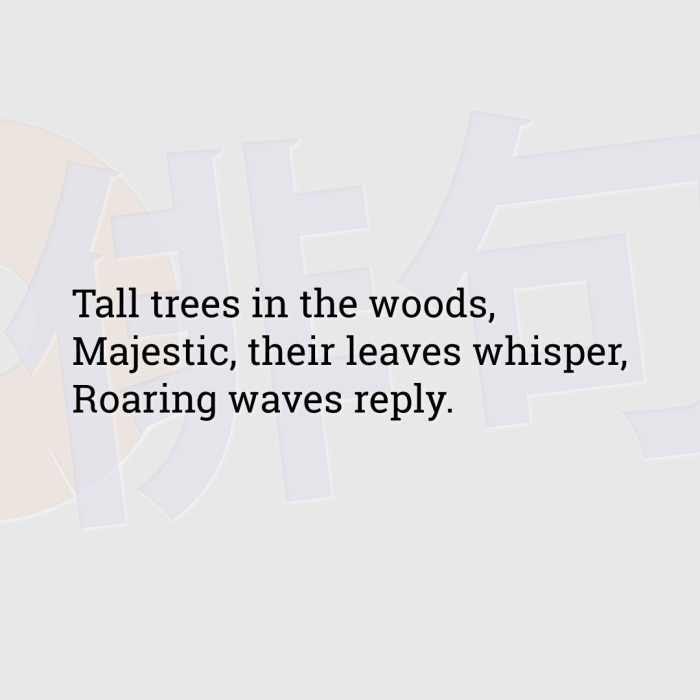 Tall trees in the woods, Majestic, their leaves whisper, Roaring waves reply.