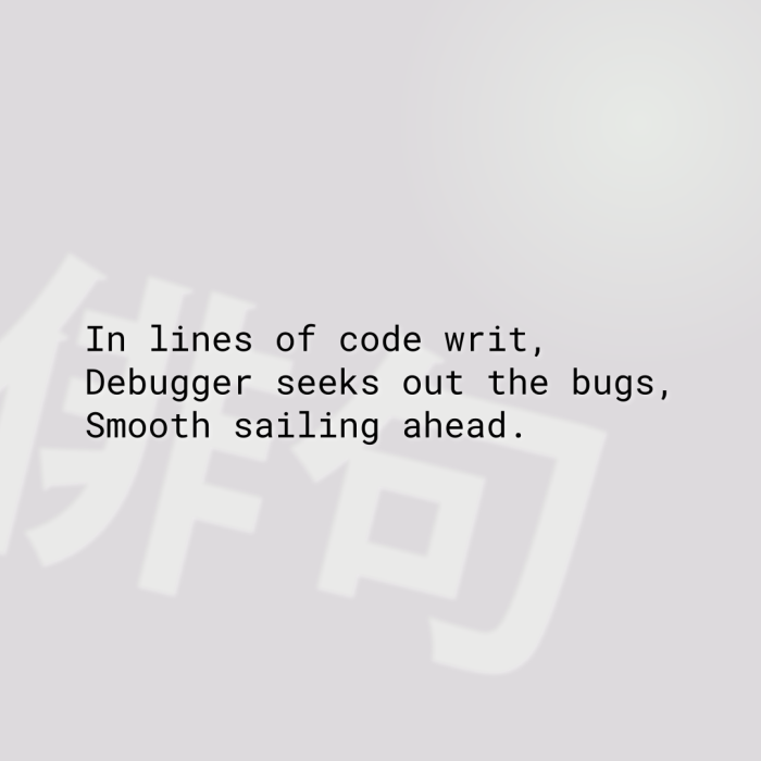 In lines of code writ, Debugger seeks out the bugs, Smooth sailing ahead.