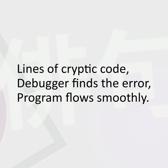 Lines of cryptic code, Debugger finds the error, Program flows smoothly.
