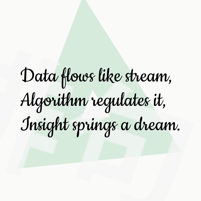 Data flows like stream, Algorithm regulates it, Insight springs a dream.