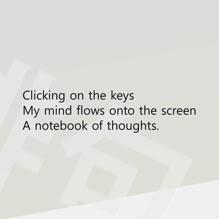 Clicking on the keys My mind flows onto the screen A notebook of thoughts.