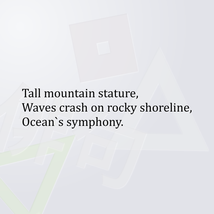 Tall mountain stature, Waves crash on rocky shoreline, Ocean`s symphony.