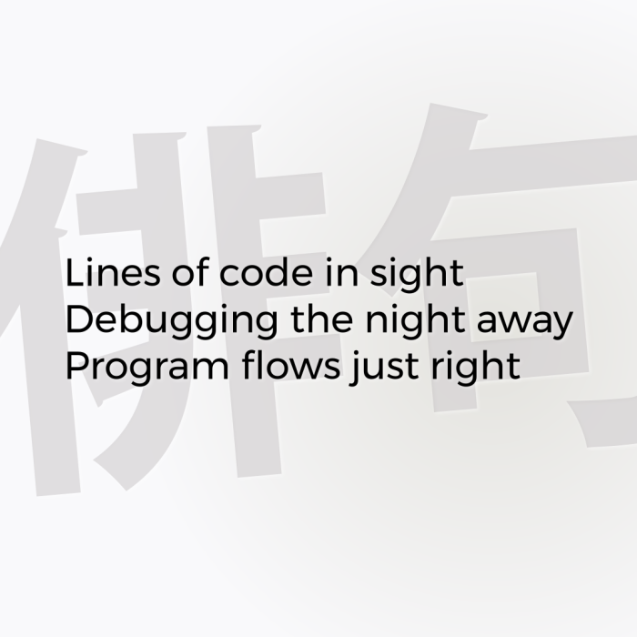 Lines of code in sight Debugging the night away Program flows just right