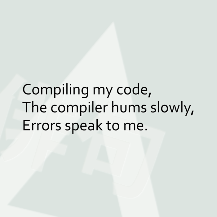 Compiling my code, The compiler hums slowly, Errors speak to me.
