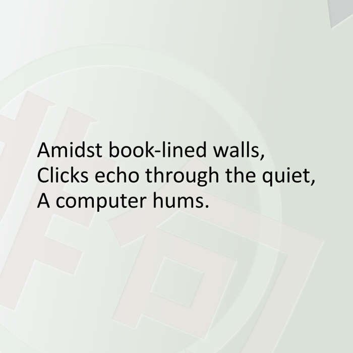 Amidst book-lined walls, Clicks echo through the quiet, A computer hums.