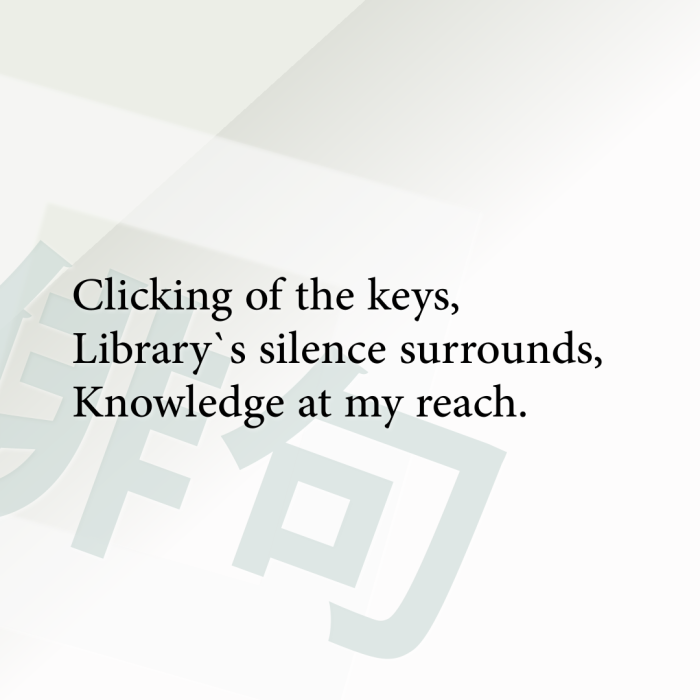 Clicking of the keys, Library`s silence surrounds, Knowledge at my reach.