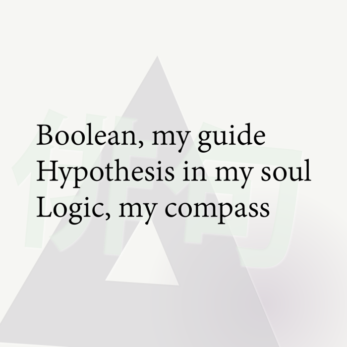 Boolean, my guide Hypothesis in my soul Logic, my compass