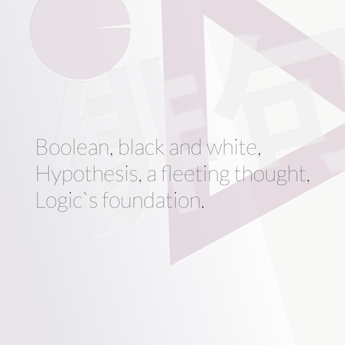 Boolean, black and white, Hypothesis, a fleeting thought, Logic`s foundation.