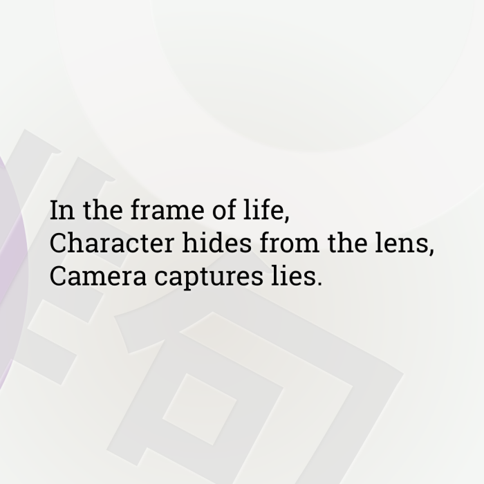In the frame of life, Character hides from the lens, Camera captures lies.