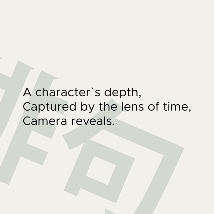 A character`s depth, Captured by the lens of time, Camera reveals.