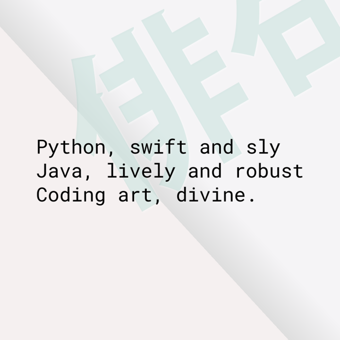 Python, swift and sly Java, lively and robust Coding art, divine.