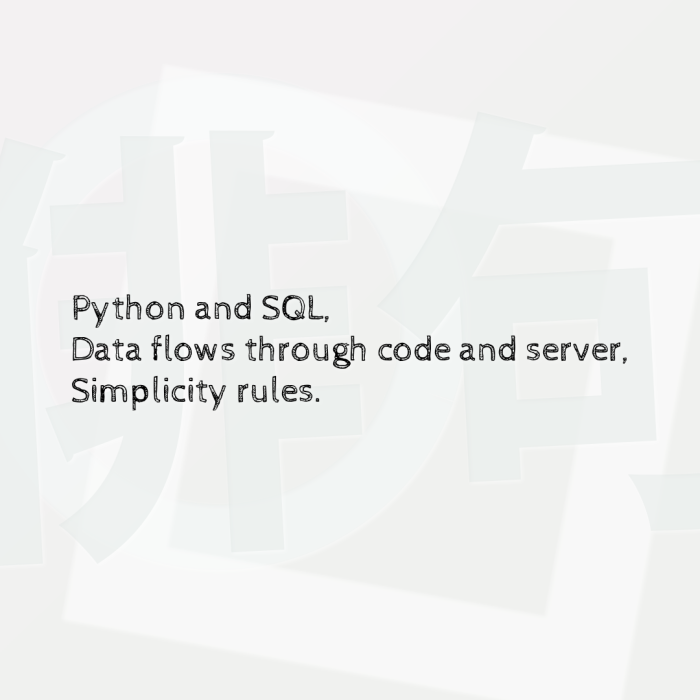 Python and SQL, Data flows through code and server, Simplicity rules.