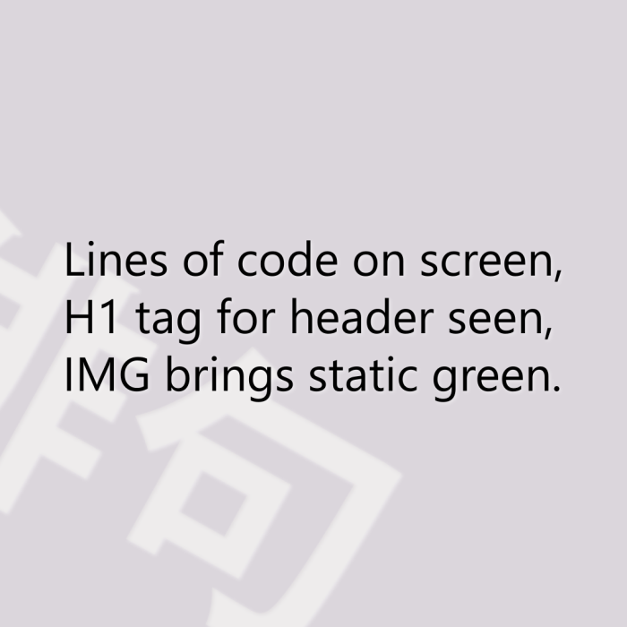 Lines of code on screen, H1 tag for header seen, IMG brings static green.