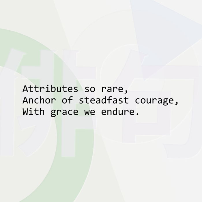 Attributes so rare, Anchor of steadfast courage, With grace we endure.
