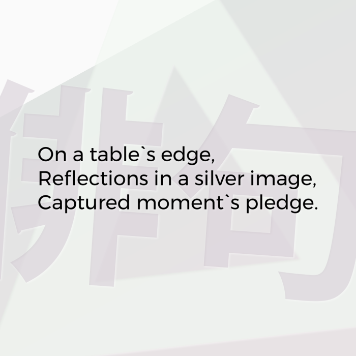 On a table`s edge, Reflections in a silver image, Captured moment`s pledge.