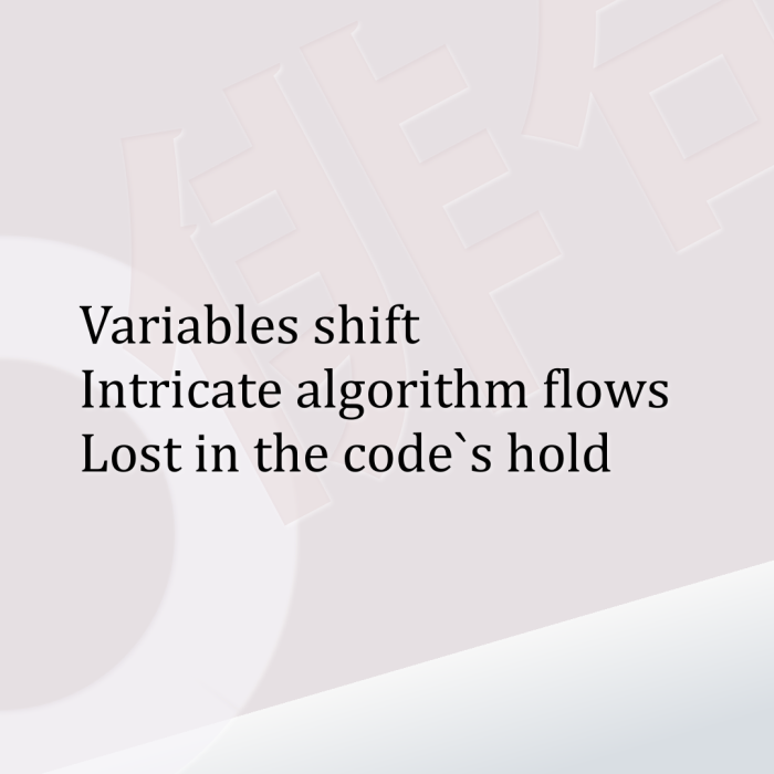 Variables shift Intricate algorithm flows Lost in the code`s hold