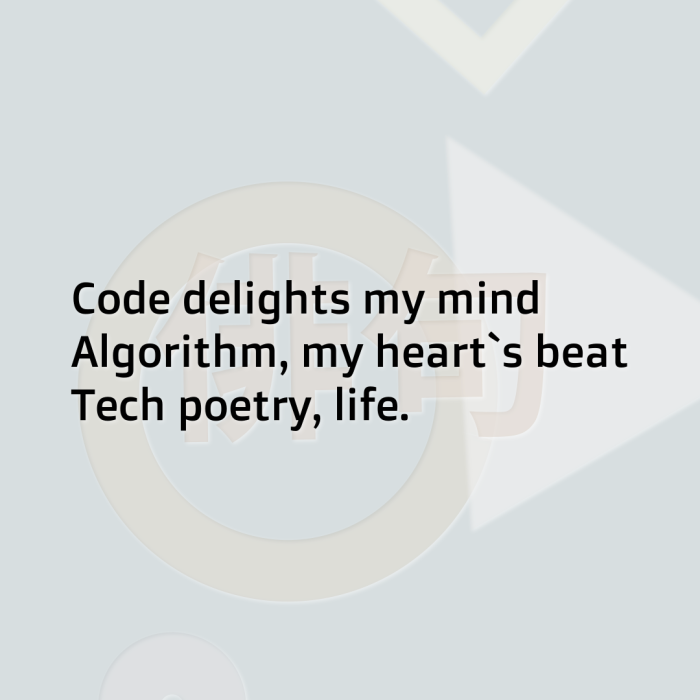 Code delights my mind Algorithm, my heart`s beat Tech poetry, life.