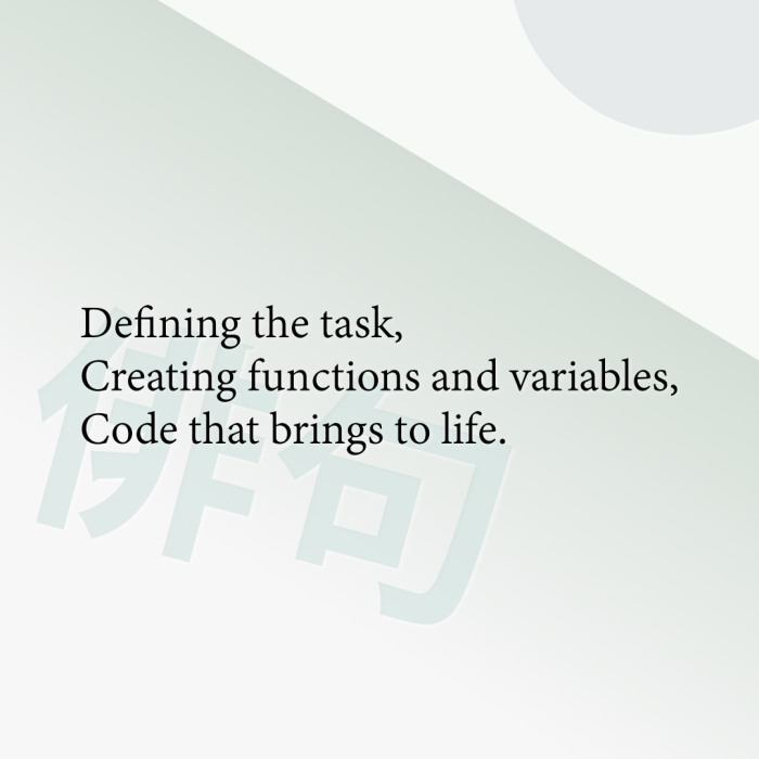 Defining the task, Creating functions and variables, Code that brings to life.