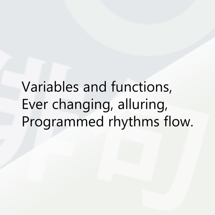 Variables and functions, Ever changing, alluring, Programmed rhythms flow.