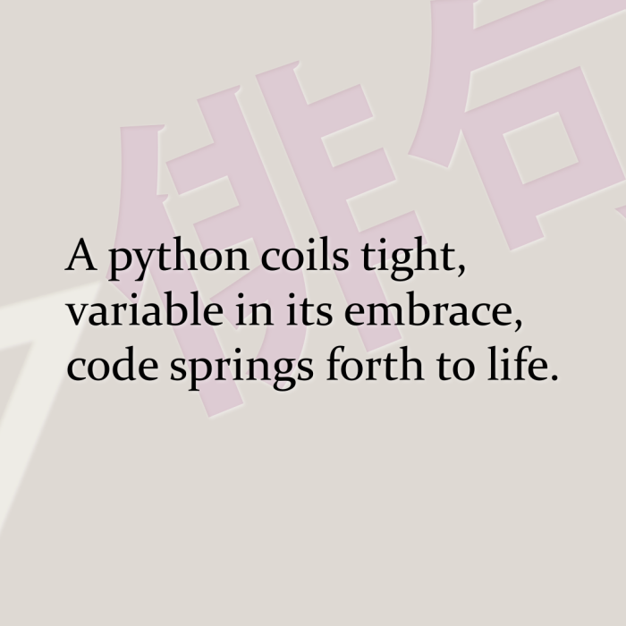 A python coils tight, variable in its embrace, code springs forth to life.